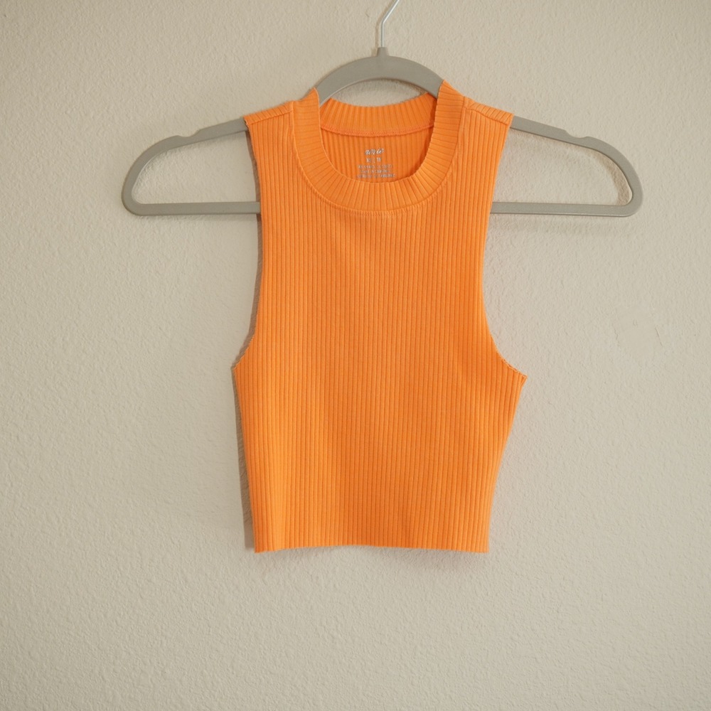 Aerie Size XS Bright Orange Ribbed High Neck Sleeveless Crop Tank Top Gym Lounge